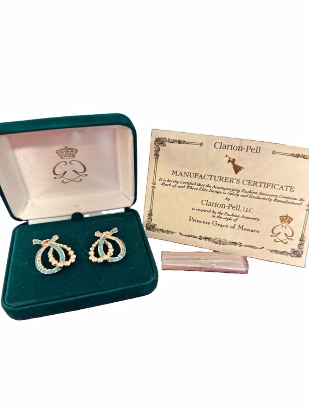 Clarion-Pell Gold Tone Bow Dangle/Drop Earrings Blue & Clear Crystal NIB COA
